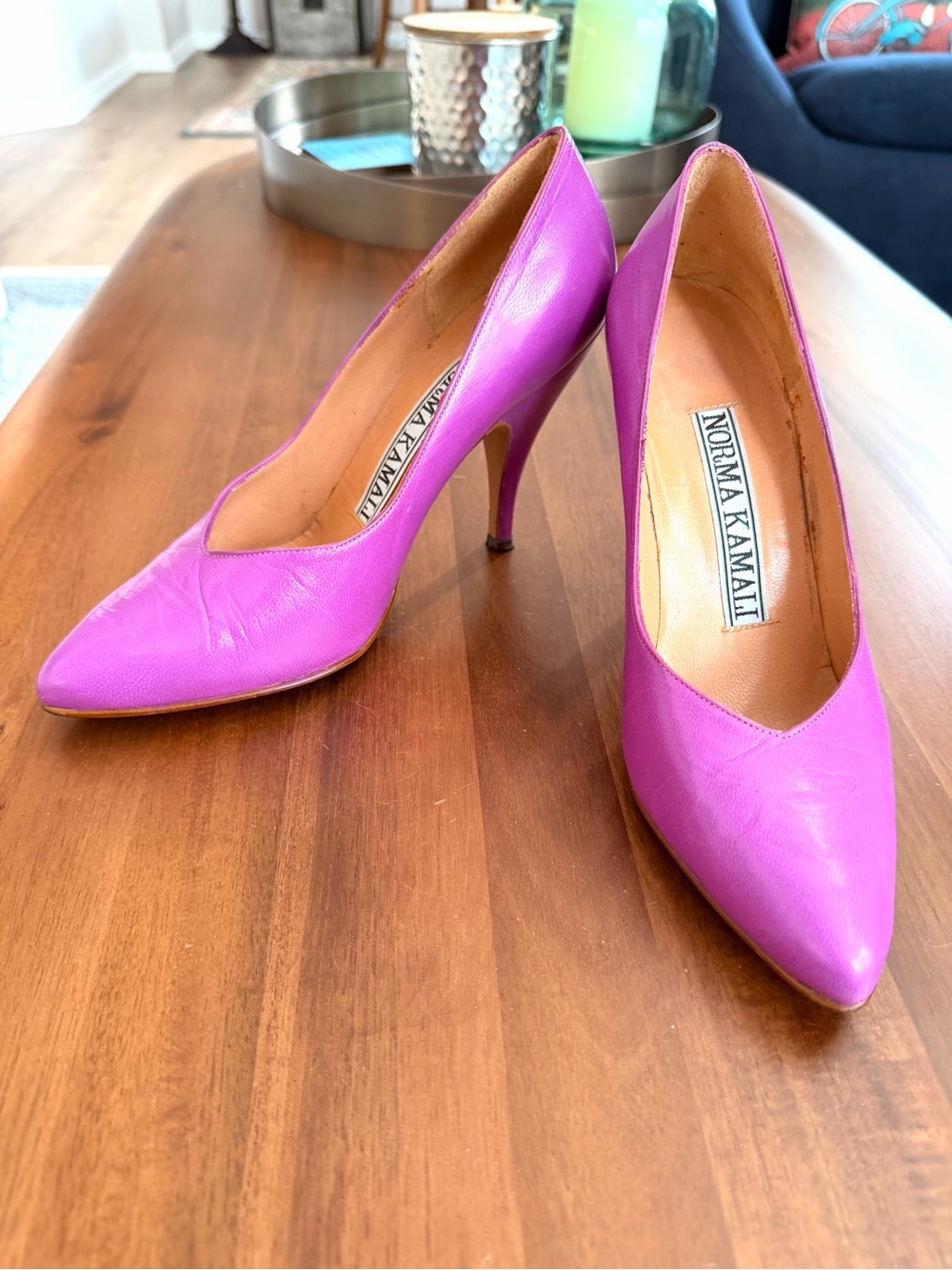 Vintage Norma Kamali Fuchsia Leather Pointed Toe Pumps Heels 6.5 Made Spain